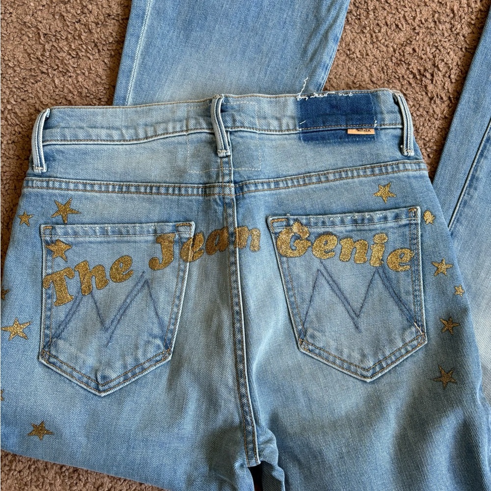 MOTHER Light Blue Denim Flare Jeans with Gold Glitter 'The Jean Genie'